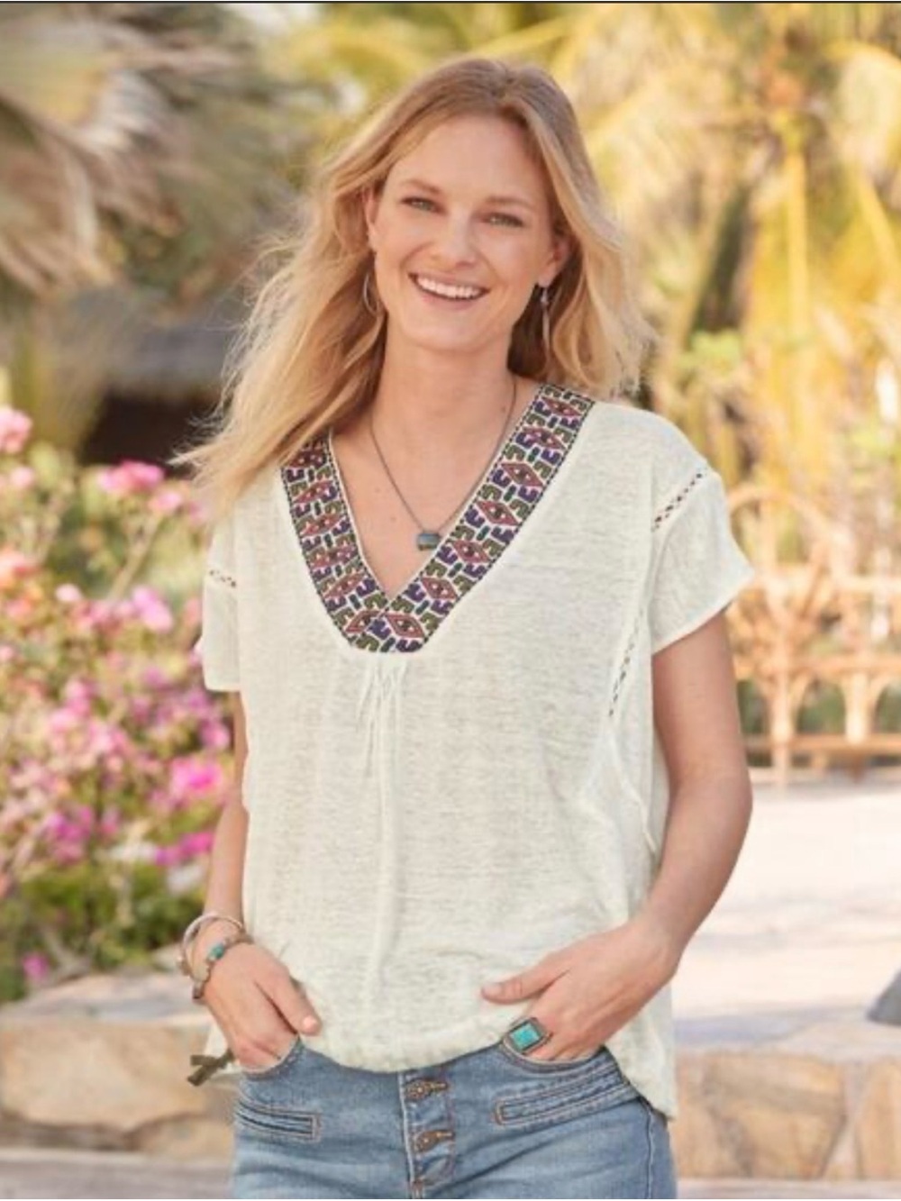 NWT Sundance Grenada 100% Linen Top Boho Embroidered V-Neck Size XL
